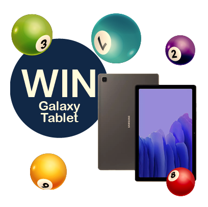 a Galaxy tablet with the words "win galaxy tablet" as lottery balls surround